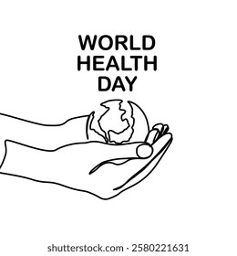 World Health Day. Continuous one line art drawing hands hold Earth globe. Save and protect earth planet linear concept. Vector illustration isolated on white background.