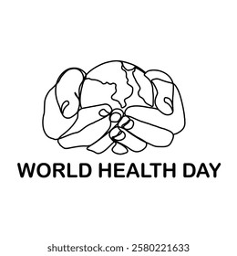 World Health Day. Continuous one line art drawing hands hold Earth globe. Save and protect earth planet linear concept. Vector illustration isolated on white background.