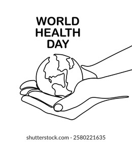 World Health Day. Continuous one line art drawing hands hold Earth globe. Save and protect earth planet linear concept. Vector illustration isolated on white background.