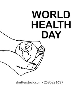 World Health Day. Continuous one line art drawing hands hold Earth globe. Save and protect earth planet linear concept. Vector illustration isolated on white background.