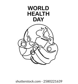 World Health Day. Continuous one line art drawing hands hold Earth globe. Save and protect earth planet linear concept. Vector illustration isolated on white background.