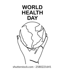 World Health Day. Continuous one line art drawing hands hold Earth globe. Save and protect earth planet linear concept. Vector illustration isolated on white background.