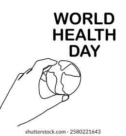 World Health Day. Continuous one line art drawing hands hold Earth globe. Save and protect earth planet linear concept. Vector illustration isolated on white background.