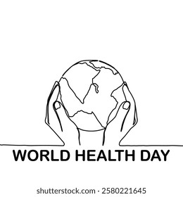 World Health Day. Continuous one line art drawing hands hold Earth globe. Save and protect earth planet linear concept. Vector illustration isolated on white background.