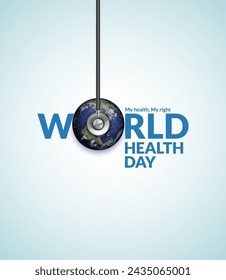 World Health Day, Health Day creative, stethoscope with world map, heart, family, natural, stethoscope, vector illustration. 