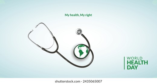 World Health Day, Health Day creative, stethoscope with world map, heart, family, natural, stethoscope, vector illustration. 