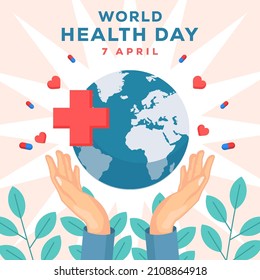 world health day design illustration with planet, hearts, and pills