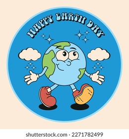  World Health Day design with planet mascot in soft blue colors. Retro cartoon character of 70s, 80s, inscription Happy Planet Day. Vector illustration.