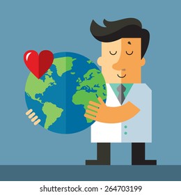 World health day. Doctor hold globe. Flat vector illustration.