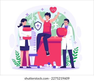 World Health Day. Doctors are bringing medicine and healthy food. Celebrate Health Day. Vector Illustration