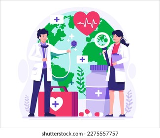 World Health Day. Doctors Check the Health of the World Globe with a Stethoscope. Our Planet, Our Health. Vector Illustration