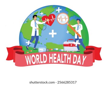 World Health Day with doctors, a globe, and medical symbols emphasizing global health awareness, healthcare workers' contributions, and a focus on overall well-being. Flat vector modern illustration 