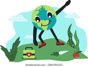 World Health Day - Earth Character Doing Exercise In Nature With Medical Kit Illustration For Banner, Advertissing and Poster