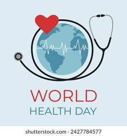 World Health Day. Earth globe, stethoscope and heart. Template for poster, social media, banner, card. Vector illustration