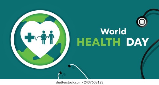 World Health Day. Earth, poeple icon and stestoscope. Great for cards, banners, posters, social media and more. Green background.
