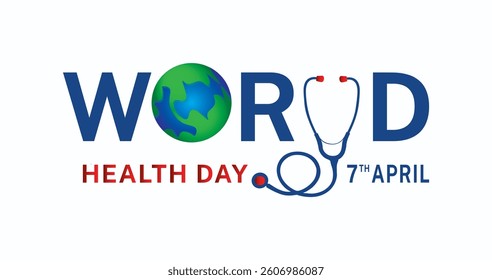 world health day with earth, stethoscope, heart, apple, heart beat, typography with gradient blue and Wight  background