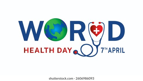 world health day with earth, stethoscope, heart, apple, heart beat, typography with gradient blue and Wight  background