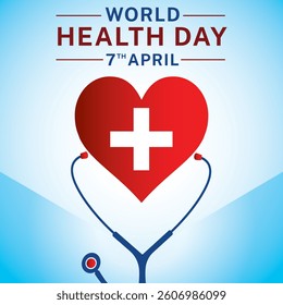 world health day with earth, stethoscope, heart, apple, heart beat, typography with gradient blue and Wight  background