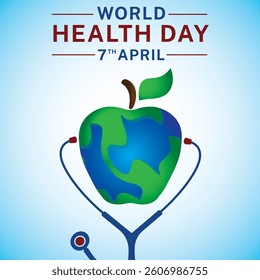 world health day with earth, stethoscope, heart, apple, heart beat, typography with gradient blue and Wight  background