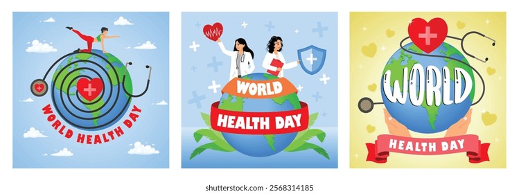 World Health Day. Encouraging people to live an active lifestyle. The importance of public awareness about health. World Health Day concept. Set flat vector illustration.