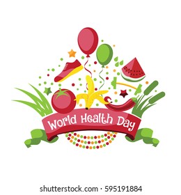World Health Day exercise, food and type design. In celebration of April 7 holiday. EPS 10 vector.