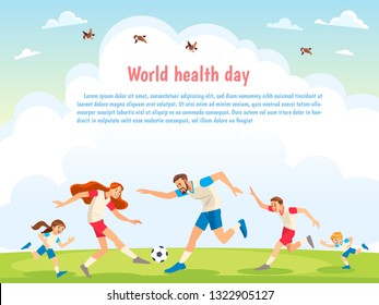 World Health Day. Family Sports. Illustrations of active parents playing sport games in urban park. Funny family couples in cartoon style. Family game sport together, play football.