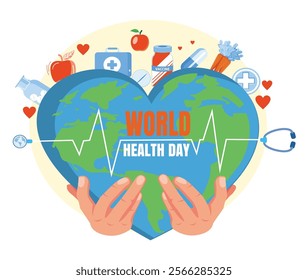 World Health Day, featuring a heart-shaped earth held in two hands, surrounded by medical tools such as vaccines, stethoscopes, and healthy lifestyle symbols such as fruits and hearts.Flat vector mode