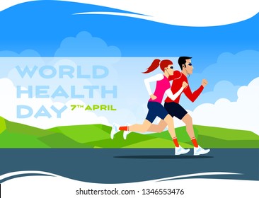 World Health Day Flat Vectoral Illustration. People Jogging Sport Family Fitness Run Training.