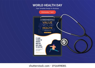 World Health Day flyer, Poster design with vector stethoscope. World health day concept. Stethoscope icon, Design for greeting Card,Poster,Flyer,Cover,Brochure. Vector illustration