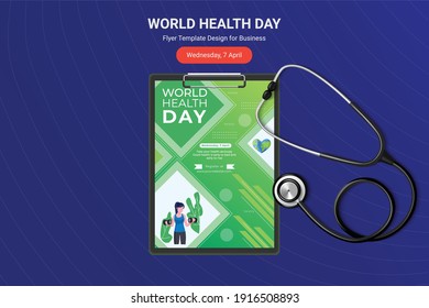 World Health Day flyer, Poster design with vector stethoscope. World health day concept. Stethoscope icon, Design for greeting Card,Poster,Flyer,Cover,Brochure. Vector illustration