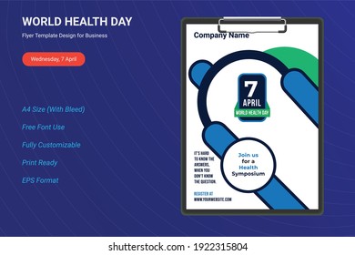 World Health Day flyer, Poster design with curve shape. 7 April. World health day banner. World health day concept, Design for greeting Card, Poster, Flyer,Cover, Brochure. Vector illustration