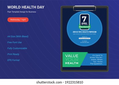 World Health Day flyer, Poster design with curve shape. 7 April. World health day banner. World health day concept, Design for greeting Card, Poster, Flyer,Cover, Brochure. Vector illustration