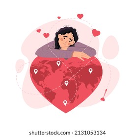 World health day. Girl lies on heart, international holidays. Invitation or greeting card. Self care, medicine. Metaphor body positivity and love for yourself. Cartoon flat vector illustration