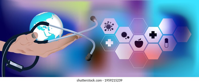 World Health Day is a global health awareness day. globe in hand and icons, vector illustration 