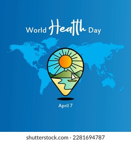 World Health Day. World Health Day is a global health awareness day celebrated every year on 7th April. With silhouette world map, point location and blue background. Vector illustration design.