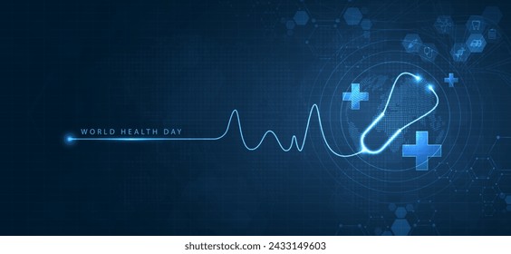 World Health Day is a global health awareness day celebrated every year on 7th April. health care medical science with icon digital technology world concept modern business. vector design