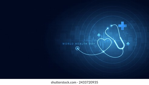 World Health Day is a global health awareness day celebrated every year on 7th April. health care medical science with icon digital technology world concept modern business. vector design