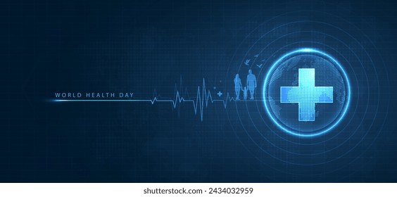 World Health Day is a global health awareness day celebrated every year on 7th April. health care medical science with icon digital technology world concept modern business. vector design