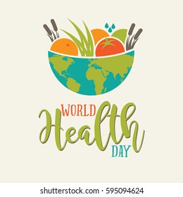 Cuenco mundial de alimentos y diseño tipo del Día Mundial de la Salud. En celebración de las vacaciones del 7 de abril. Vector EPS 10.