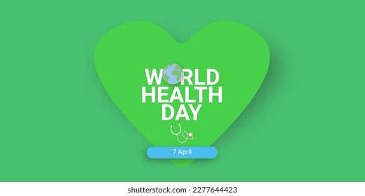 world health day green concept banner with heart, earth globe and stethoscope.