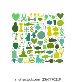 World health day. Green Concept art with healty lifestyle desing elements, icons set. Square background. Vector illustration