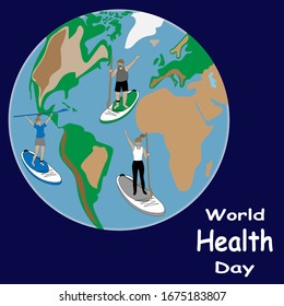 World Health Day greeting card. Large image of Earth and people using SUP boards.