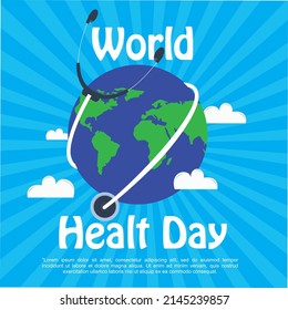 world health day greeting card, with globe and stethoscope components