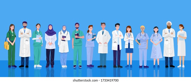 World health day, Group of medical doctors and nurses of different nationalities. Vector