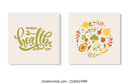 World Health Day handwritten text. Hand lettering, modern brush ink calligraphy isolated on white background. Typography design for logo, card, print. Vector illustration with fresh vegetables   