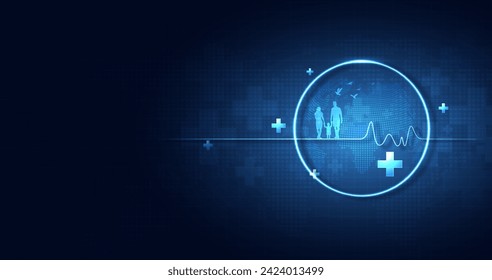 Weltgesundheitstag eines fröhlichen Familienkonzepts. Gesundheitswesen und abstrakter geometrischer medizinischer Hintergrund mit Symbolen und Ideen für Gesundheitstechnologie, Innovationsmedizin, Gesundheitswesen, Wissenschaft. Vektordesign