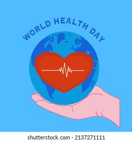 World Health Day. The World Have Red Hart On Your Hand. People Have Good Health Every Time.