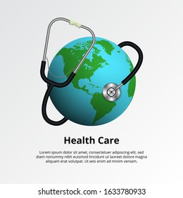 World health day. Healthcare medical illustration concept. Stethoscope with earth globe. poster banner template