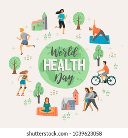 World Health Day. Healthy lifestyle. Roller skates, running, bicycle, walk, yoga. Design element in pastel colors with textures