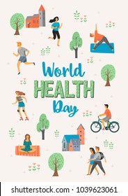 World Health Day. Healthy lifestyle. Roller skates, running, bicycle, walk, yoga. Design element in pastel colors with textures